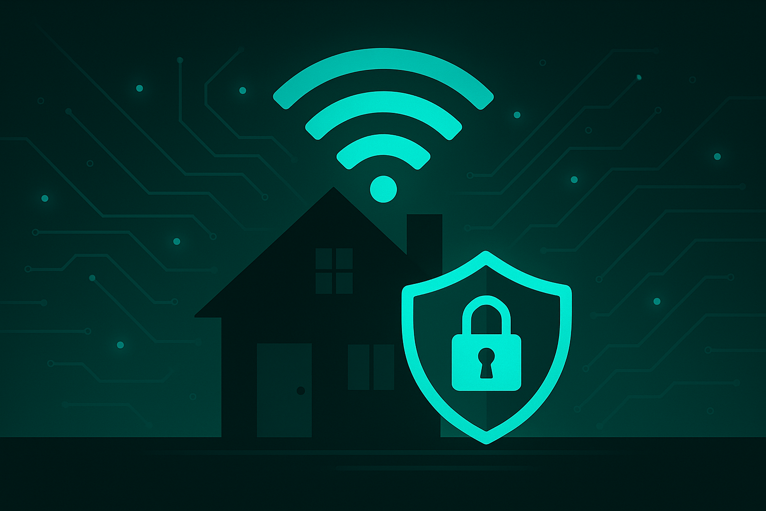 Illustration of a secure home Wi-Fi network with a lock icon